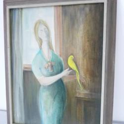 Peinture sur toile Femme à la perruche A. FRASCAROLO