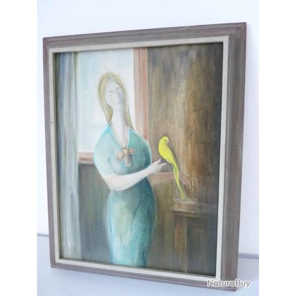 Peinture sur toile Femme � la perruche A. FRASCAROLO