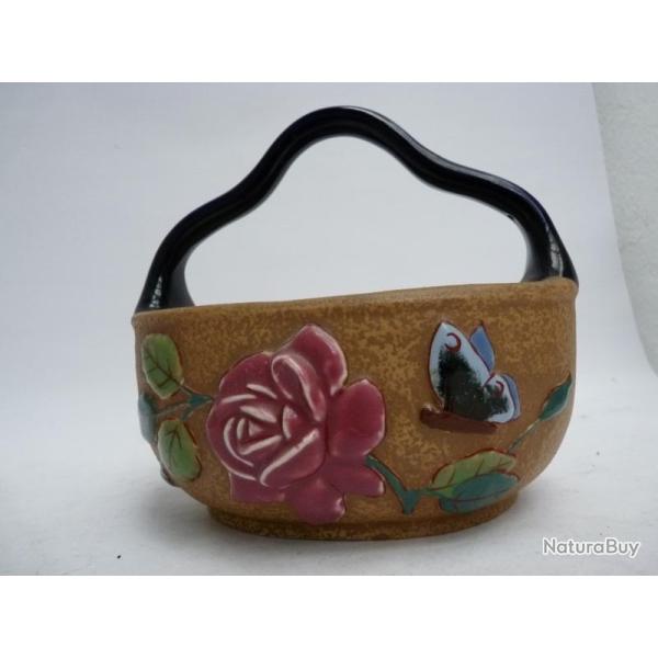 Panier c�ramique Amphora Fleurs Papillons Tch�coslovaquie