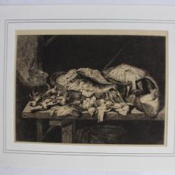 Gravure originale Nature morte aux poissons