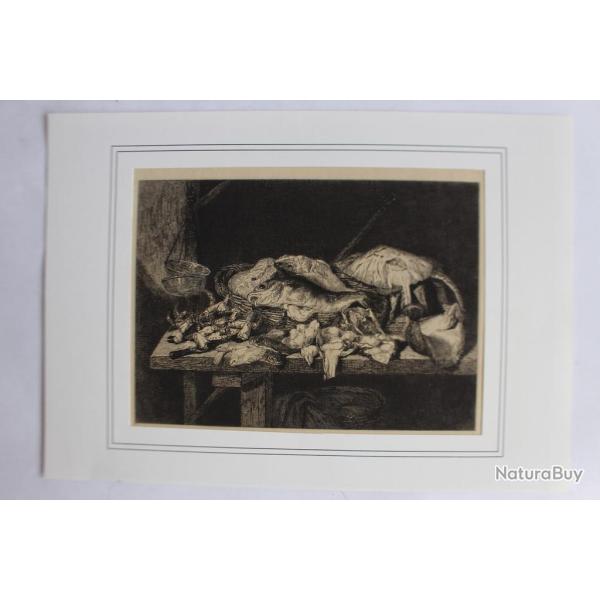 Gravure originale Nature morte aux poissons