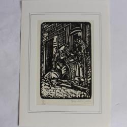 Bois gravé original Pino Della Selva Femme devant la porte n°13 1946