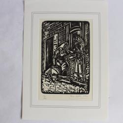 Bois gravé original Pino Della Selva Femme devant la porte n°12 1946