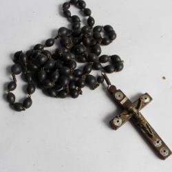 Chapelet ancien bois bronze et nacre Art populaire religion