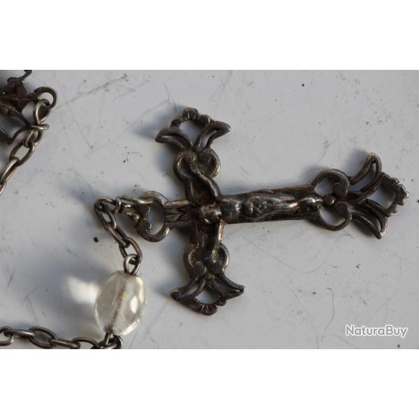 Chapelet d'enfant ancien perles de verre et argent religion