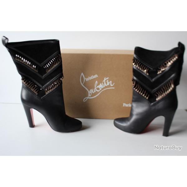 CHRISTIAN LOUBOUTIN Bottes cuir lisse et velours noir T38,5