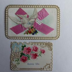 Deux chromos gaufrés colombes 1890