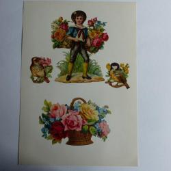 Images chromos gaufrés découpés enfant panier de fleurs 1890
