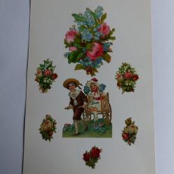 Images chromos gaufrés découpés enfant charretier et muguet 1890