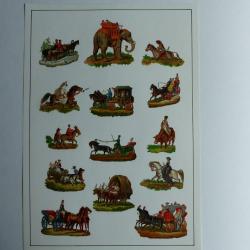 Images chromos gaufrés découpés attelage animaux chevaux éléphants 1890