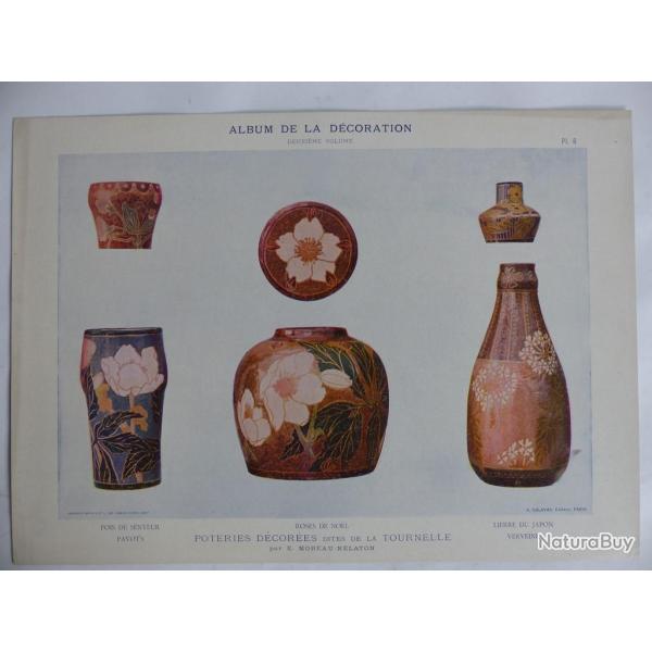 Estampe Roses de Nol Poteries dcores MOREAU-NELATON Art nouveau