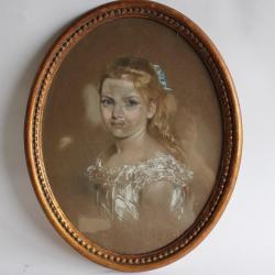 Tableau pastel portrait jeune femme XIXe si&egrave;cle