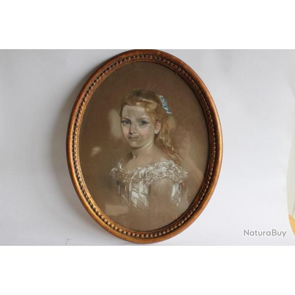 Tableau pastel portrait jeune femme XIXe si�cle