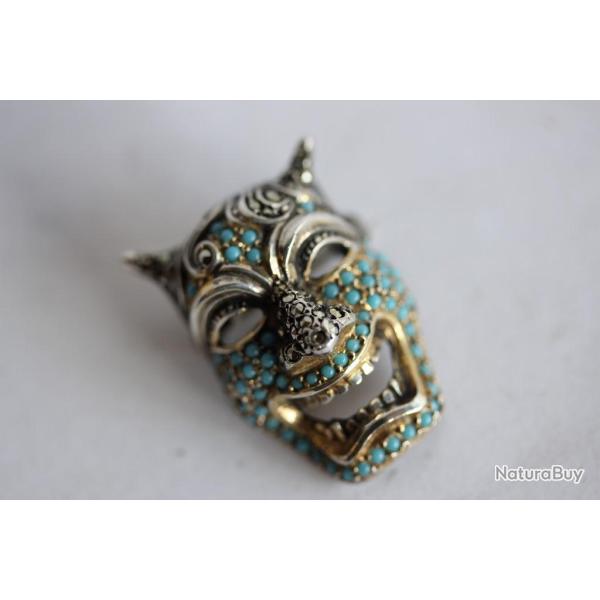 Broche Masque d�mon Oni argent massif turquoise marcassites