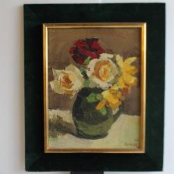 AYMAR Peinture &agrave; l'huile Roses au vase vert Fleurs