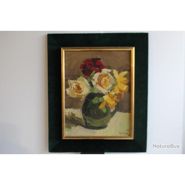 AYMAR Peinture � l'huile Roses au vase vert Fleurs