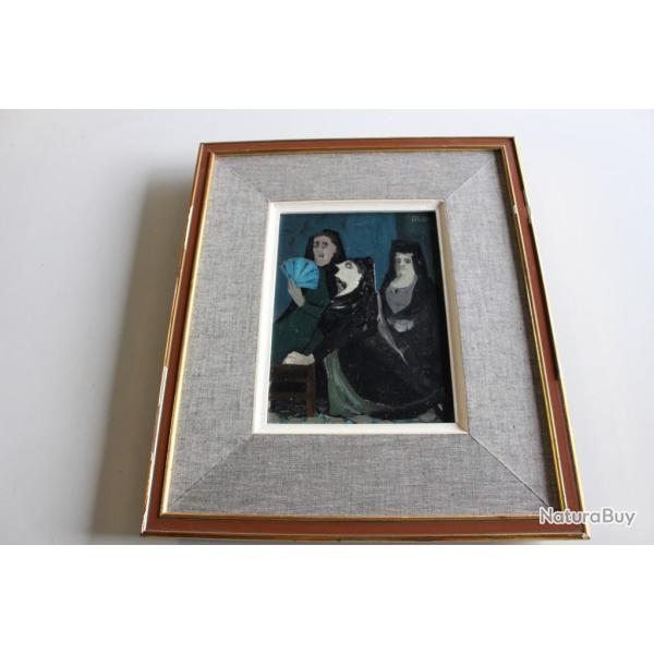 Olga Reiwald tableau Acrylique sur isorel    Espagnoles a l'�glise