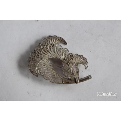 Broche filigrane en argent cabochon orange - SA - Antiquités décoration