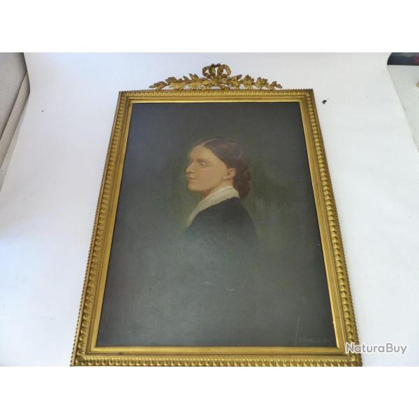 Peinture portrait sur panneau XIXe si�cle cadre laiton
