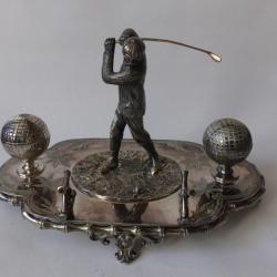 Encrier porte plume golf Art nouveau m&eacute;tal argent&eacute;
