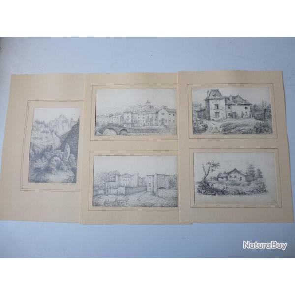 Cinq dessins originaux au crayon Jules M�smadier