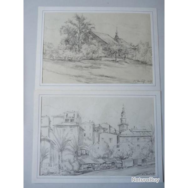 Deux dessins originaux au crayon F. Charlety