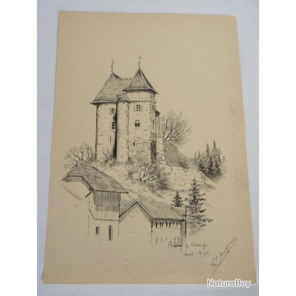 Dessin � l'encre  Ch�teau de Valangin  1892 Neuch�tel Suisse