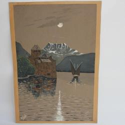 Peinture Château de Chillon de nuit Suisse signé M. Riédi