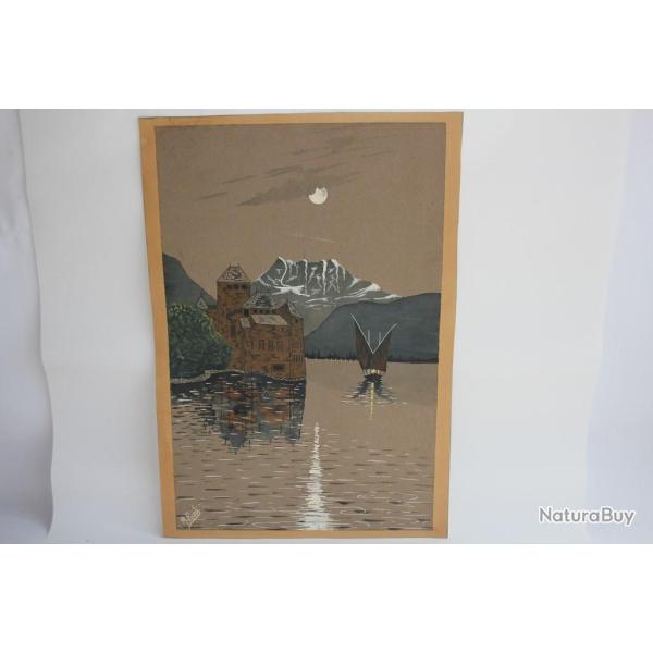 Peinture Ch�teau de Chillon de nuit Suisse sign� M. Ri�di