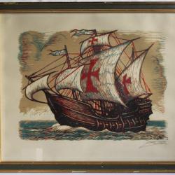 Xylogravure originale Juan CASTELLS MARTI Caravelle espagnole