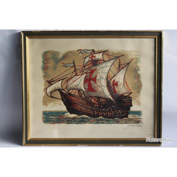 Xylogravure originale Juan CASTELLS MARTI Caravelle espagnole