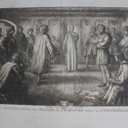 Gravure eau-forte 450e anniversaire Fribourg Confédération Helvétique