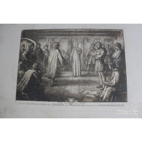 Gravure eau-forte 450e anniversaire Fribourg Confdration Helvtique