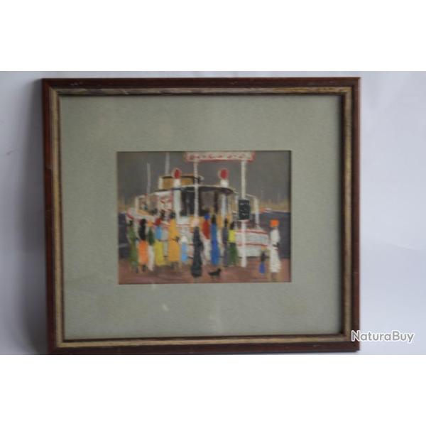 Tableau Dessin � la craie grasse D. NO�L Quai d'embarquement Port