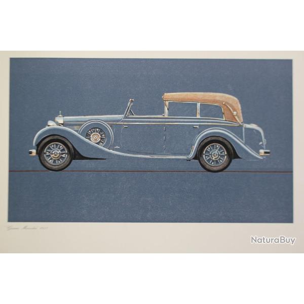 Gravure piqre sur bois Grosser Mercedes 1937 Automobile