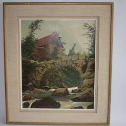 Tableau peinture Walter R. 1946 Vieux pont sur Le Guiers Savoie Isère