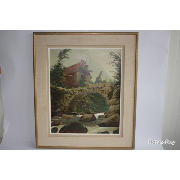 Tableau peinture Walter R. 1946 Vieux pont sur Le Guiers Savoie Is�re