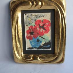 Tableau peinture collage papier chiffon Fleurs signé AS 1999