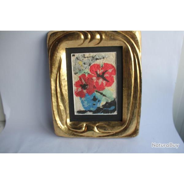 Tableau peinture collage papier chiffon Fleurs sign� AS 1999