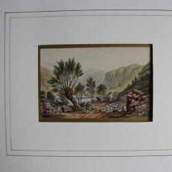 Ancienne gravure couleurs Berger gardant son troupeau