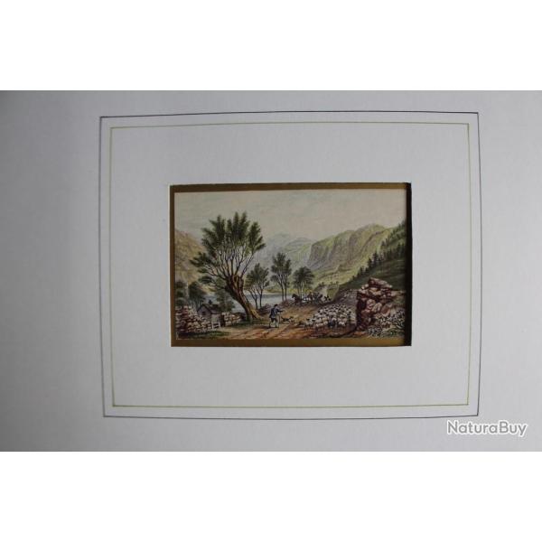 Ancienne gravure couleurs Berger gardant son troupeau