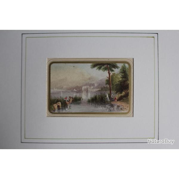 Ancienne gravure couleurs Lac de montagne