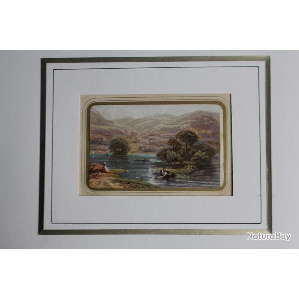 Ancienne gravure couleurs Lac de montagne