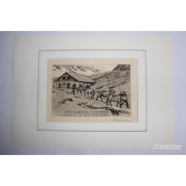 Gravure originale Hans Beat WIELAND mois Septembre Vaches Suisse
