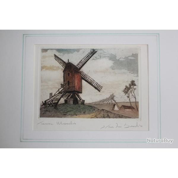 Gravure originale Vieux Moulin signe