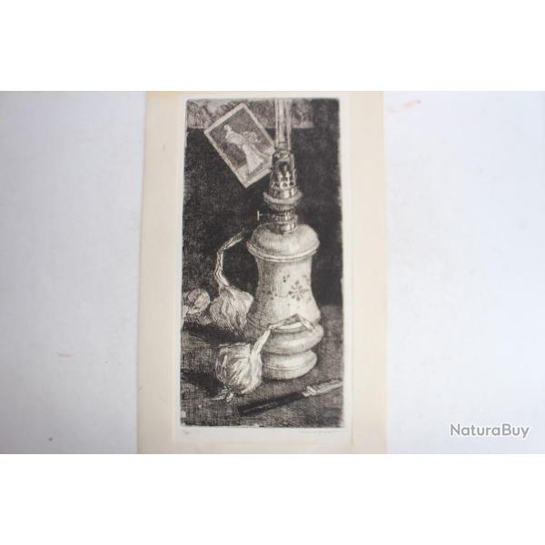Gravure originale Louis CHARRAT Lampe  huile