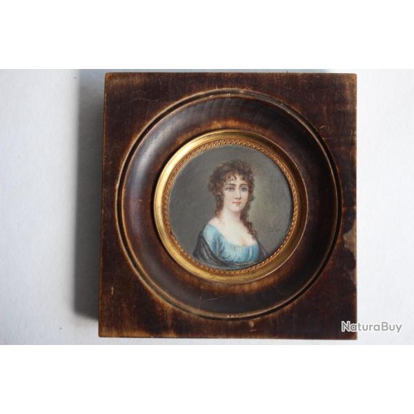 Ancienne Peinture miniature sign�e portrait femme tableaux antiquit�s
