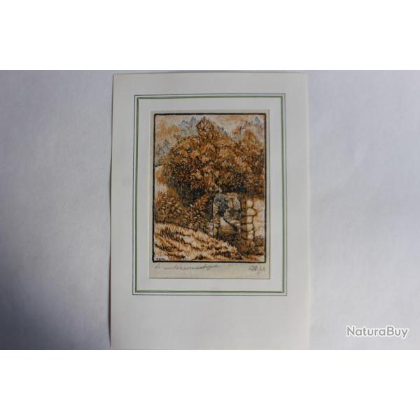 Yvonne HEILBRONNER Gravure sur bois Le sentier romantique 1944