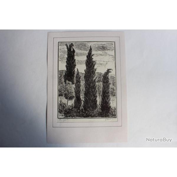 Yvonne HEILBRONNER Gravure sur bois Les Cyprs 1965