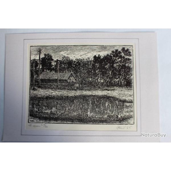Yvonne HEILBRONNER Gravure sur bois La Mare 1965